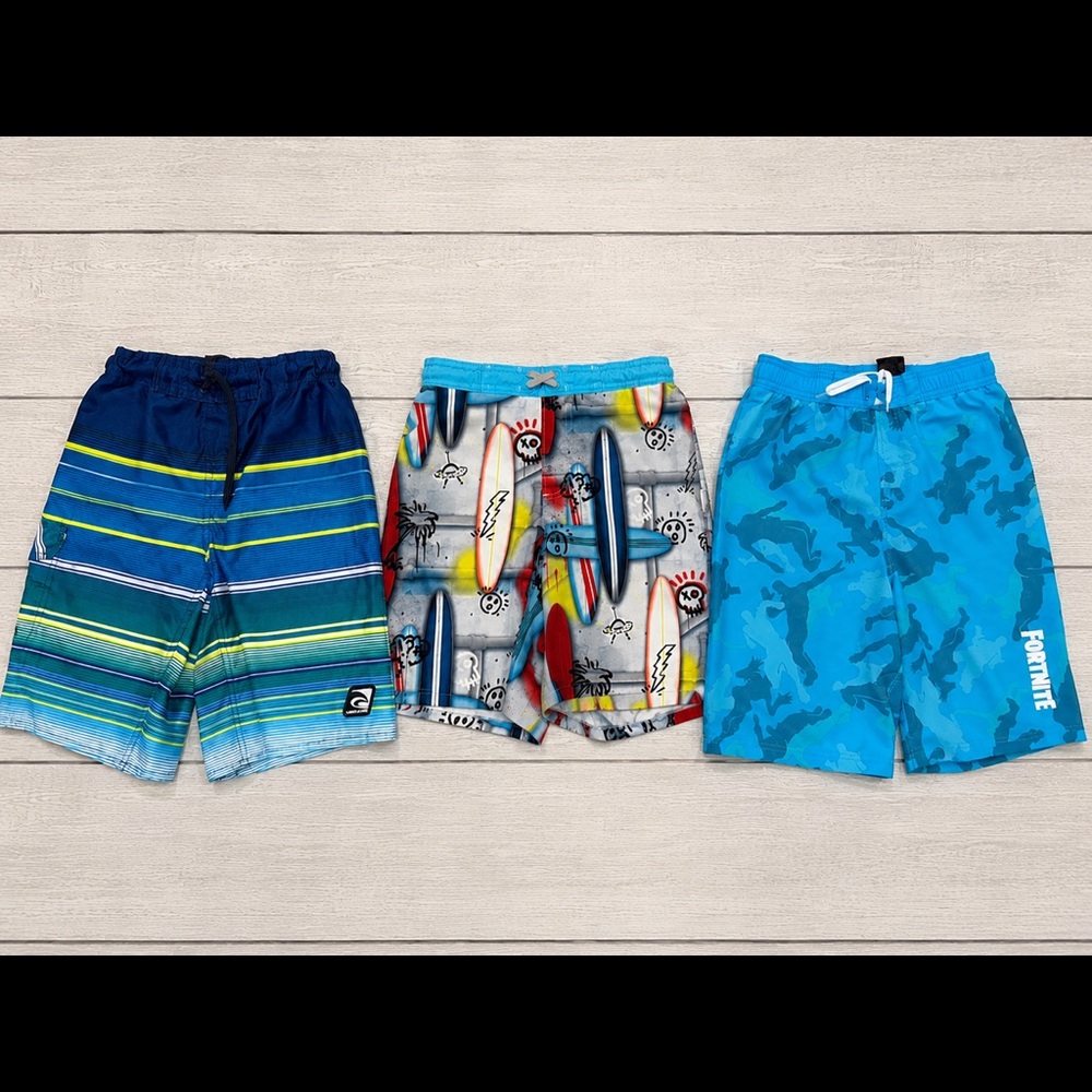 Boys Swim Trunks Bundle Size 10/12 – Fortnite, Surf Print & Blue Stripe (3 Pairs